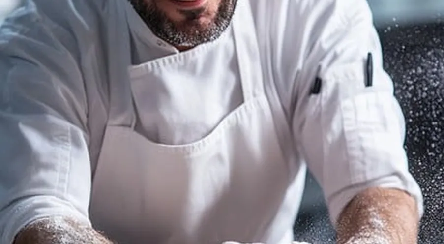 Master chef hands kneading dough marble surface